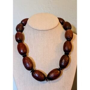Vintage Chunky Hand Carved Oblong Wood Beaded Tribal Vibe 20" Necklace